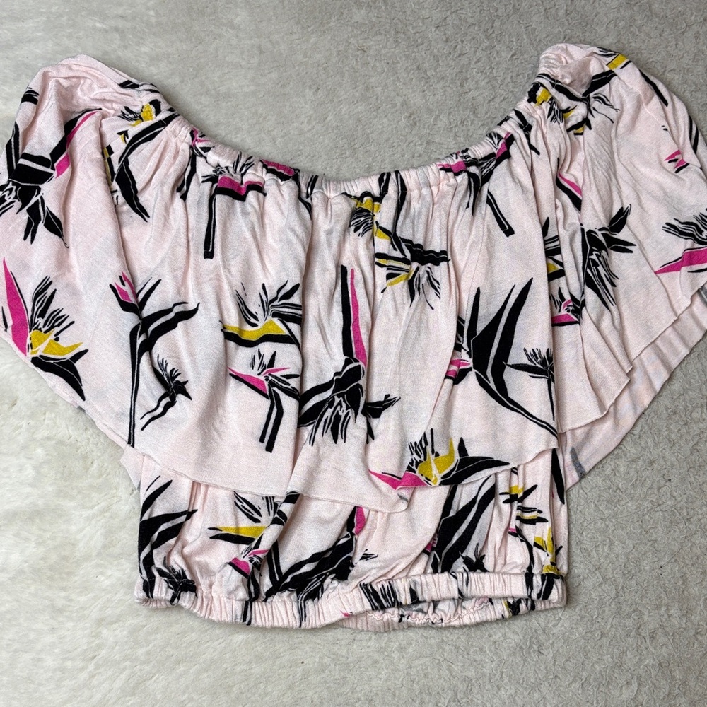 Pink Floral Off-Shoulder Ruffle Crop Top